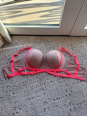 Women's Lace Balconette Bra in Taupe with Neon Pink Trim
